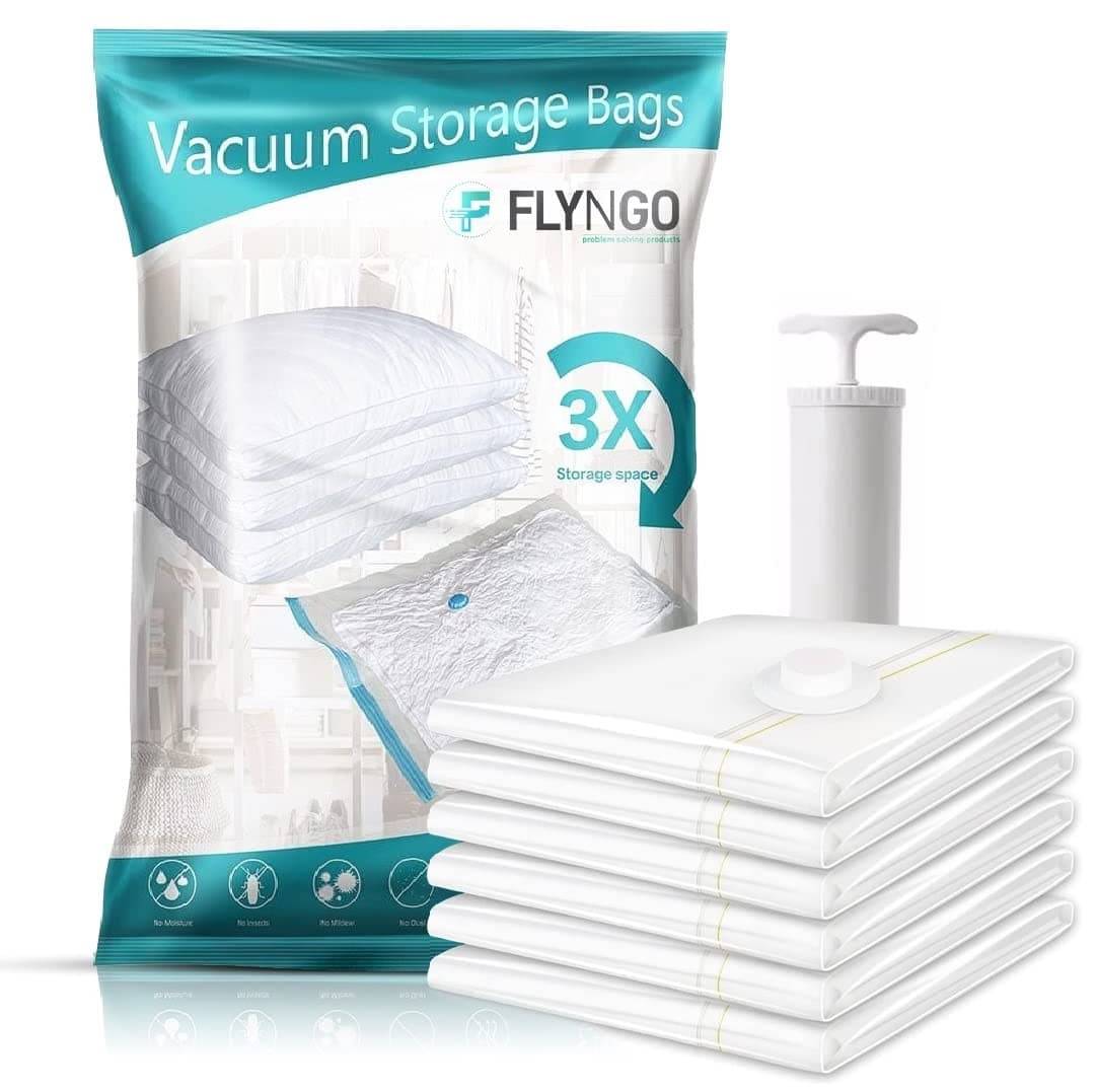 FLYNGO Polypropylene Reusable Ziplock Vacuum Storage Space Saver Bags For Clothes With Travel Hand Pump-Pack Of 3(Jumbo(70Cmx100Cm)),White