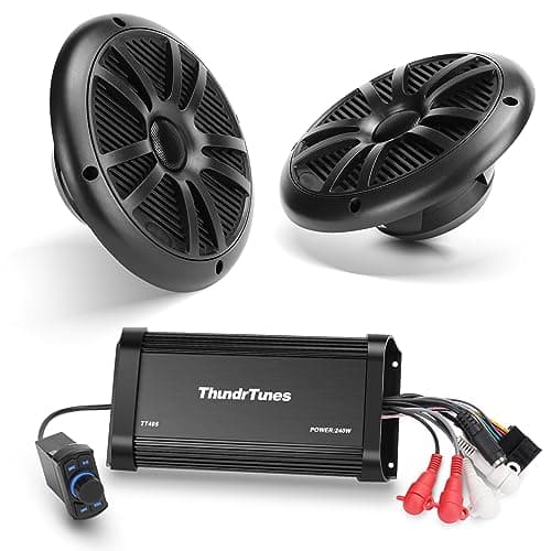 ThundrTunes Marine Powersport Bluetooth Amplifier Audio System with 2pcs Black Speakers, Class D 60W x 4 CH, Switch Mount, Suitable for Motorcycle, UTV, ATV, Boat