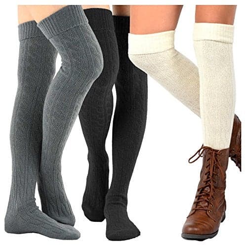 Cute Cable Cuff Crochet Fashion Over the Knee High Socks for Women & Girls 3 Pair (Dark Combo)