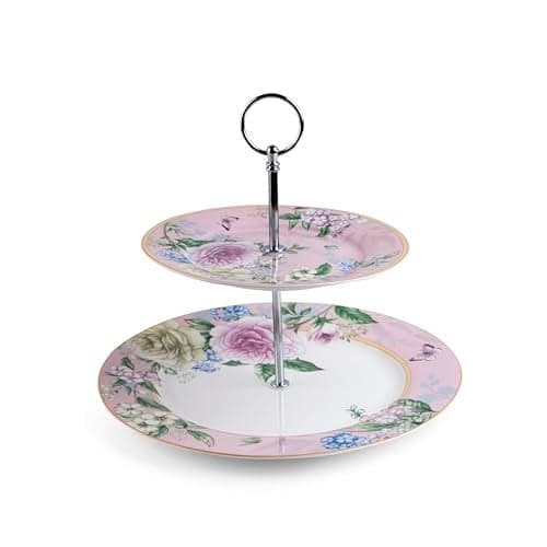 MGeezz Two-Tier Ceramic Floral Pink Cake Stand Dessert Serving Tray with Detachable Layers Party Tray for Cupcakes, Fruits, and Jewelries