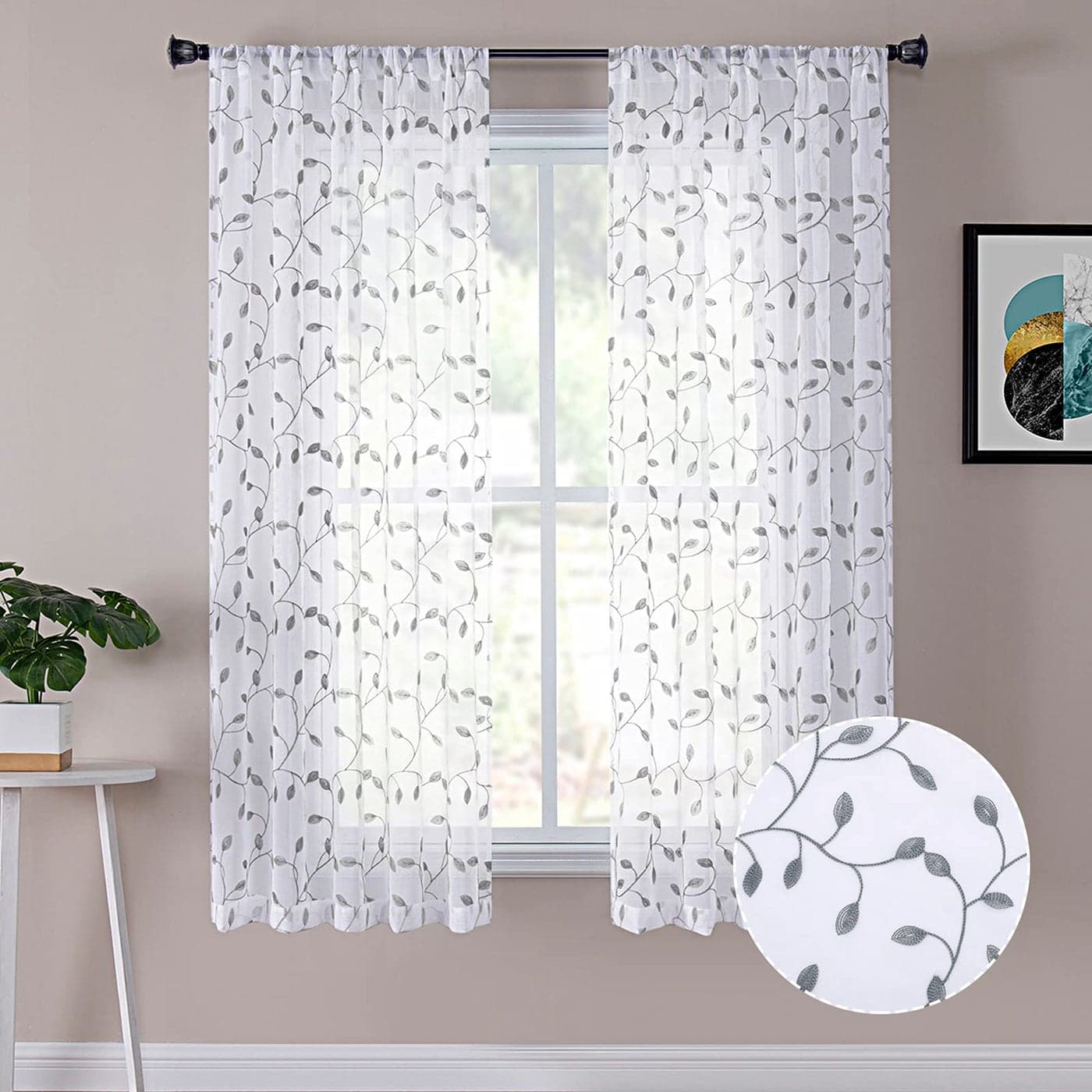 Tollpiz Leaves Sheer Curtains Grey Leaf Embroidery Bedroom Curtain Rod Pocket Voile Faux Linen Embroidered Leaves Curtains for Living Room 54 x 63 inches Long Set of 2 Panels