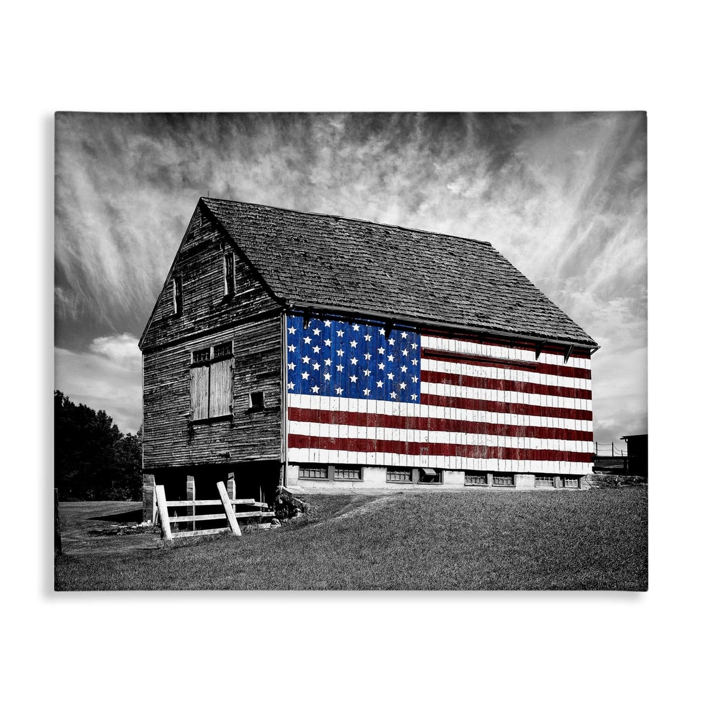 Stupell Industries sca148WallArt Black and White Farmhouse Barn American Flag Wall Art 24x30 Gallery Wrapped Canvas