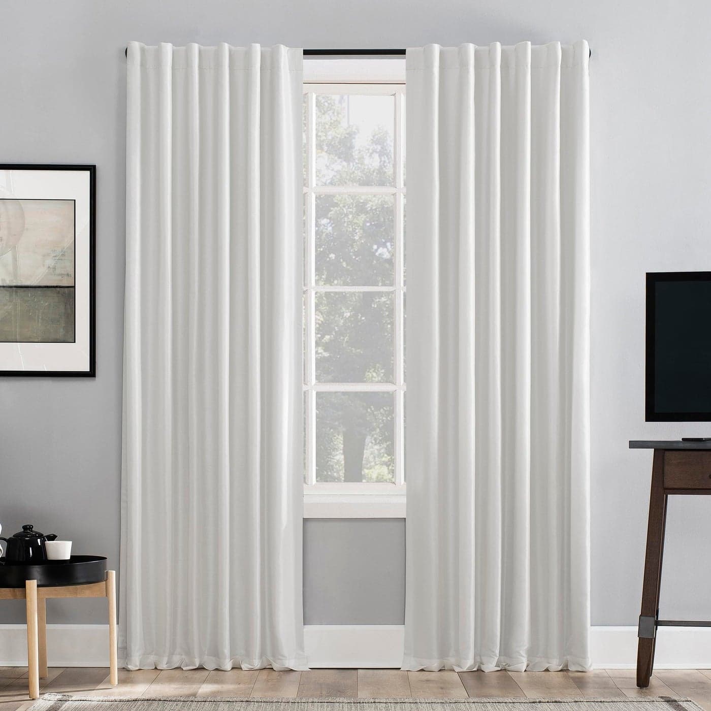 Sun Zero Greyson Faux Dupioni Silk Thermal Extreme Total Blackout Back Tab Curtain Panel 50 x 63 Pearl White