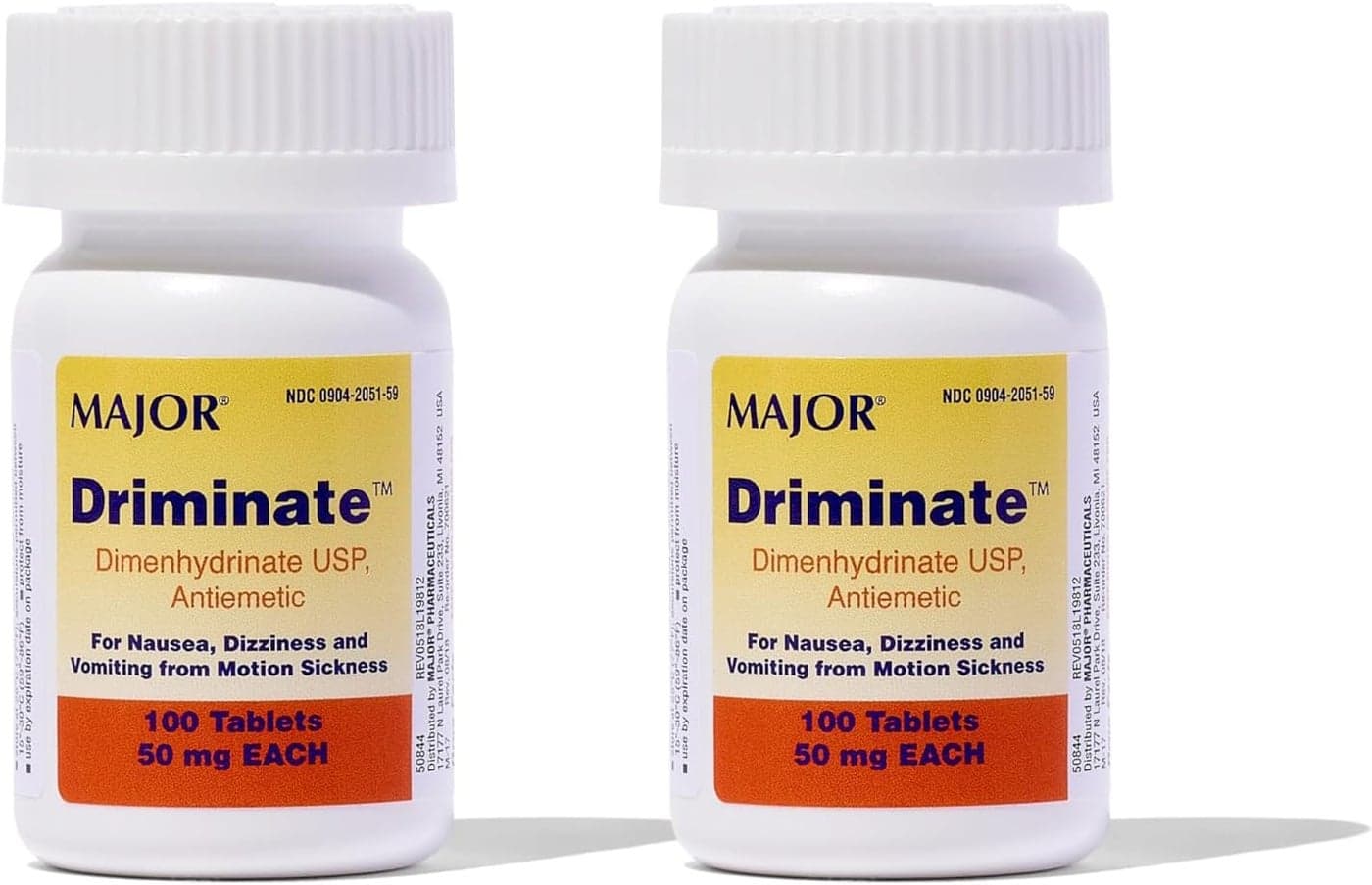MAJOR Driminate Dimenhydrinate 50mg Motion Sickness Tablets AntiNausea Medicine 100 Tablets 2 Pack