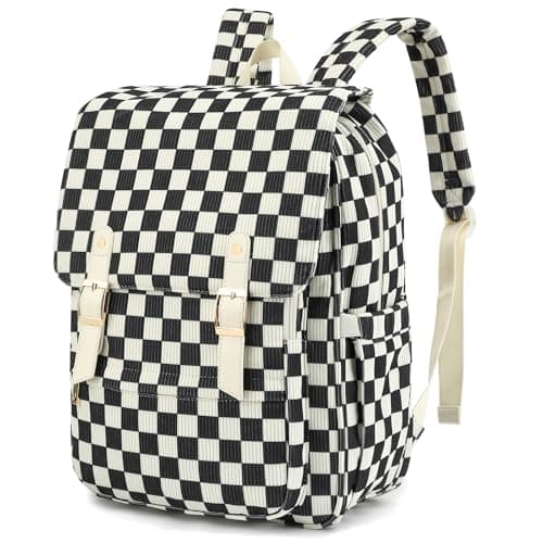 Lroiutian Women Laptop Backpack, Corduroy 15.6" Travel Backpack for Work College Business, Teacher Nurse Bag with Large Capacity School Bookbag Bags for Girls - Checkered Black