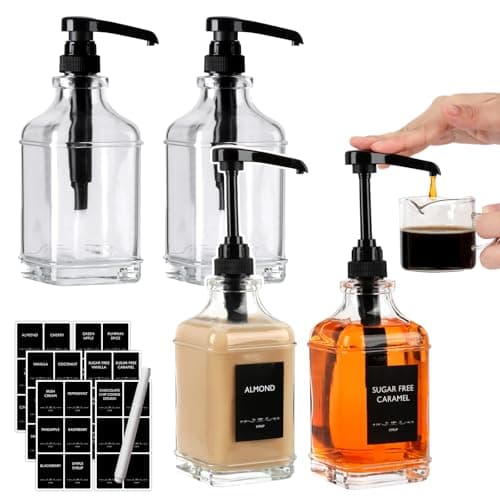 BIGIVACA 4 Pack Coffee Syrup Dispenser 16 ozClear Glass Syrup Bottle with 14oz Capacity PumpSyrup Dispenser for Coffee Bar with Plastic Pump