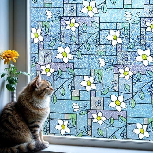 DUOFIRE Stained Glass Window Film Color Flower Pattern Privacy Window Film Decorative Glass Film No Glue Anti-UV Window Sticker Non Adhesive for Bedroom Living Room 23.6in. x 78.7in. DP003-1