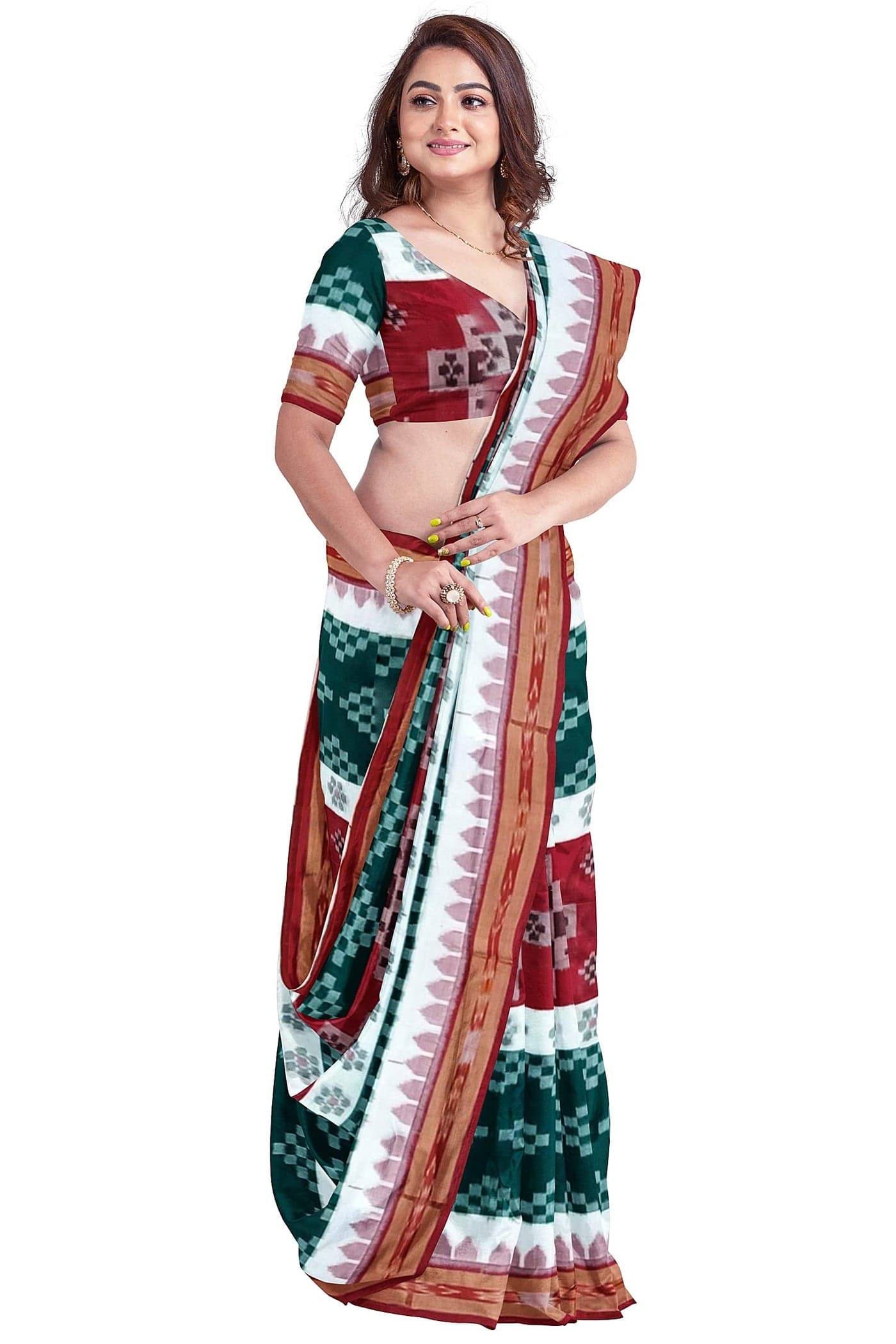 BTHIKIRI Odisha Sambalpuri Handloom Ikat Women's Cotton Saree, Odisha Handloom Handmade Pure Cotton Khandua Saree, Ikkat Orissa Traditional Handloom Saree Without Blouse (Deep Green,Red, BTHI 1187)