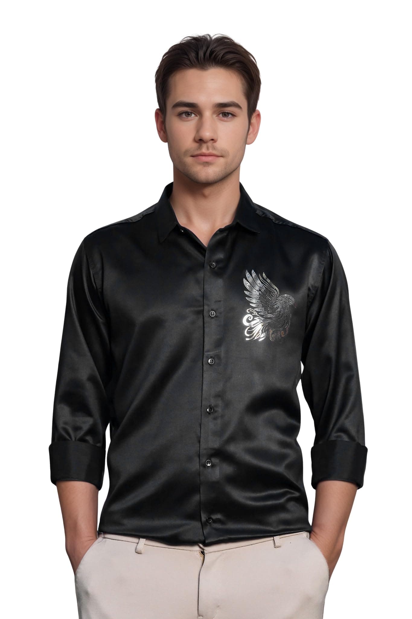 IndoPrimo Men's Stylish Long Sleeve Satin Sequence Print Shirt Black