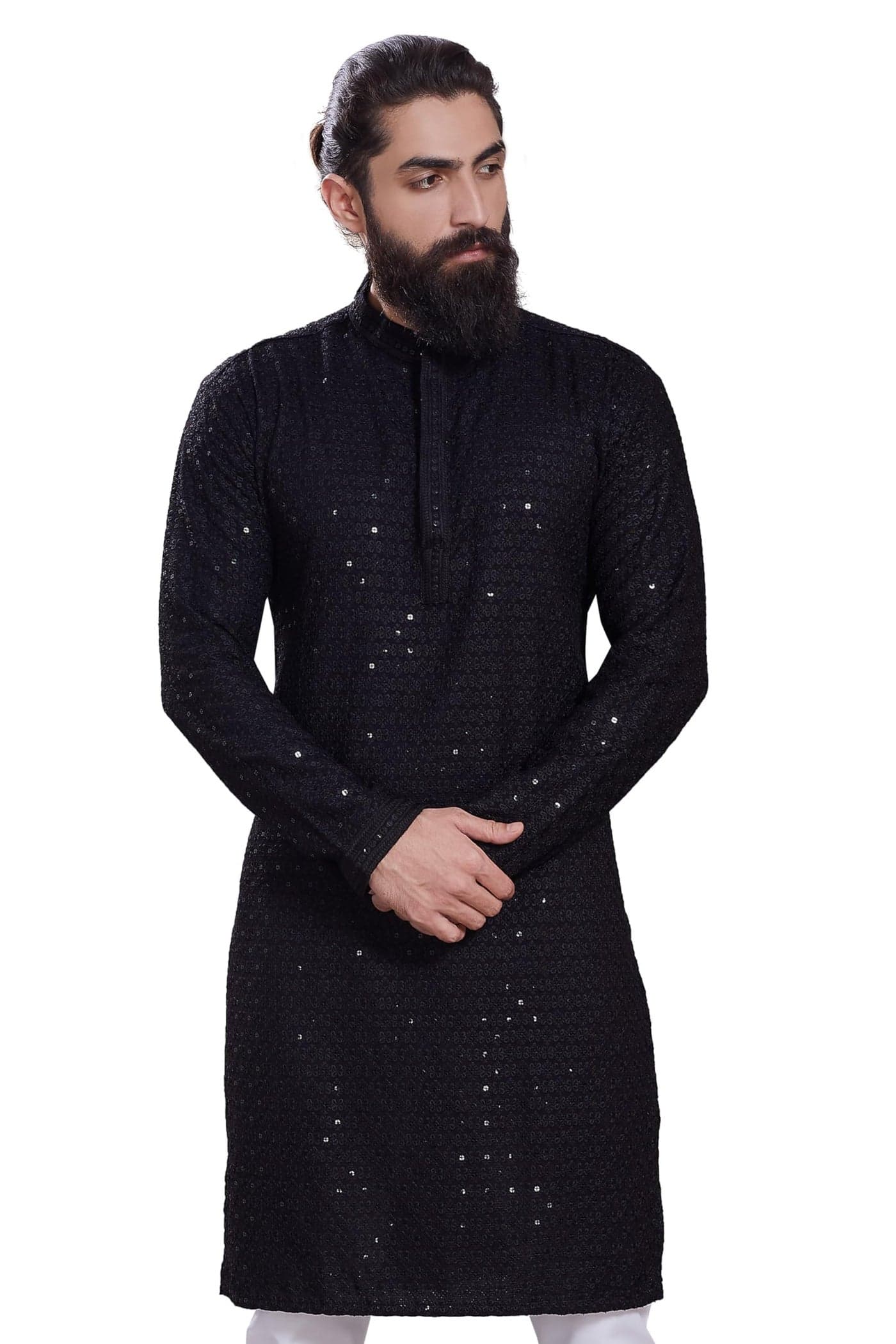 DIVISIVE Men's Sequince Embroidered Cotton Blend Only Slim Fit Kurta (DKRT224_XL_Black)