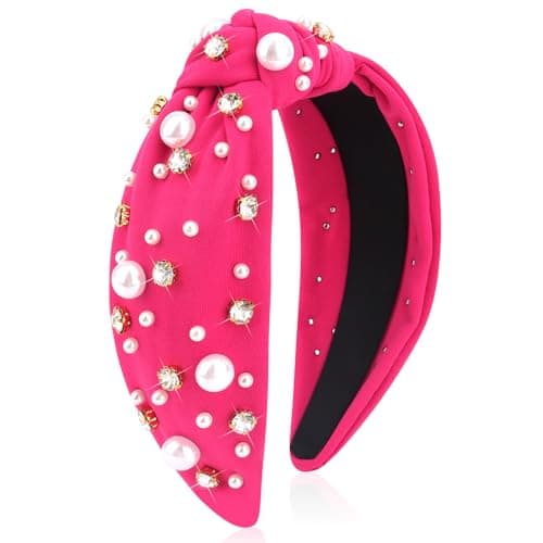 Uintoon Hot Pink Headband for Women Pearl Knotted Headband Sparkly Rhinestone Pearls Top Knotted Headbands Fashion Accessories Cute Hair Bands for Women Girls