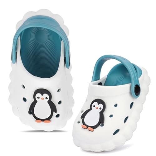 GLJ Little AngelToddler Clogs Slippers, 12 Months to 3 Years, Baby Boy, Waterproof, Lightweight, Cute Cartoon Penguin Design White Blue