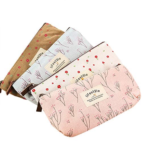 AKIRO Pencil Case, Cute Floral Flower Canvas Zipper Pencil Cases Lovely Fabric Flower Tree Pen Bags Supplies 4 Pcs