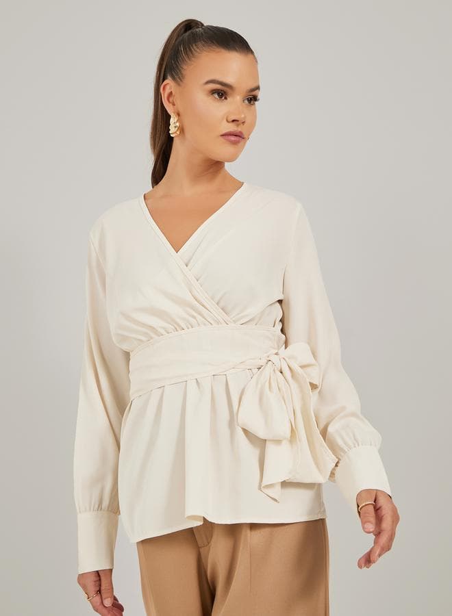 Solid Balloon Sleeve Wrap Top with Tie Detail