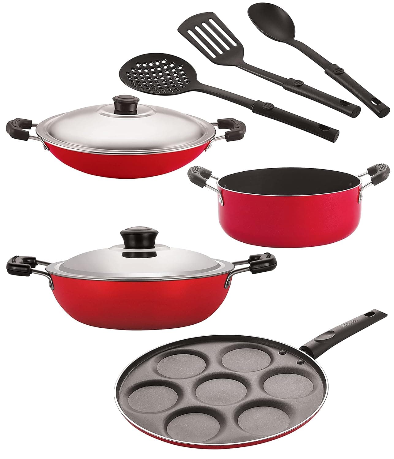 Nirlon Nonstick Coated Aluminium 7 Pcs Set of Deep Kadhai-22cm,AppaChatti-22.5cm,Casserole-22cm,Uttapam-7 Cavity & 3 Spoon (2.6mm_DKD(M)_AC_Cass22_UP7_3SPN)