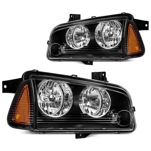 DWVO Headlight Assembly Compatible with 2006-2010 Dodge Charger Black Housing Amber Reflector (Driver & Passenger Side)