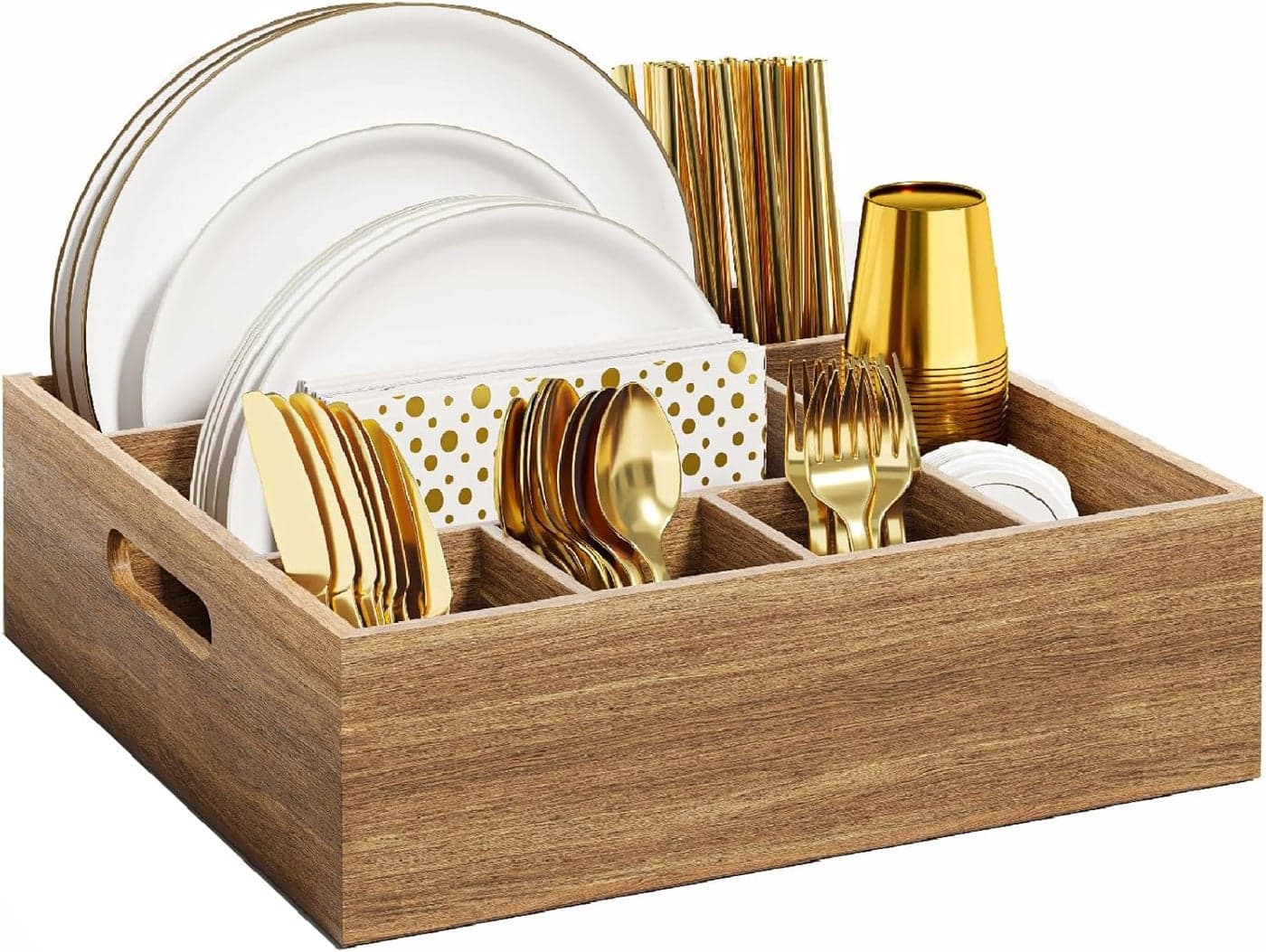 Acacia Wood Utensil Holder for Party Paper Plate and Utensil Holder Caddy for Countertop Kitchen Silverware Organizer Dispenser for Spoon Napkin Cup Cutlery Holders for Outdoor Camping Picnic