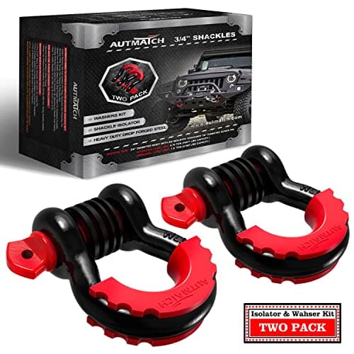 AUTMATCH D Ring Shackle 3/4" Shackles (2 Pack) 41,887Ibs Break Strength - Clevis Shackle with 7/8" Screw Pin and Shackle Isolator Washers Kit for Tow Strap Winch Off Road Vehicle Recovery, Black & Red