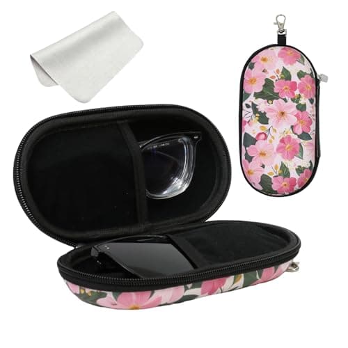 FlyingMage Double Eyeglasses Case, Hard Shell Dual Glasses Sunglasses Organizer with Zipper Clip Travel Eyewear Storage for Women Men (Pink Flower)