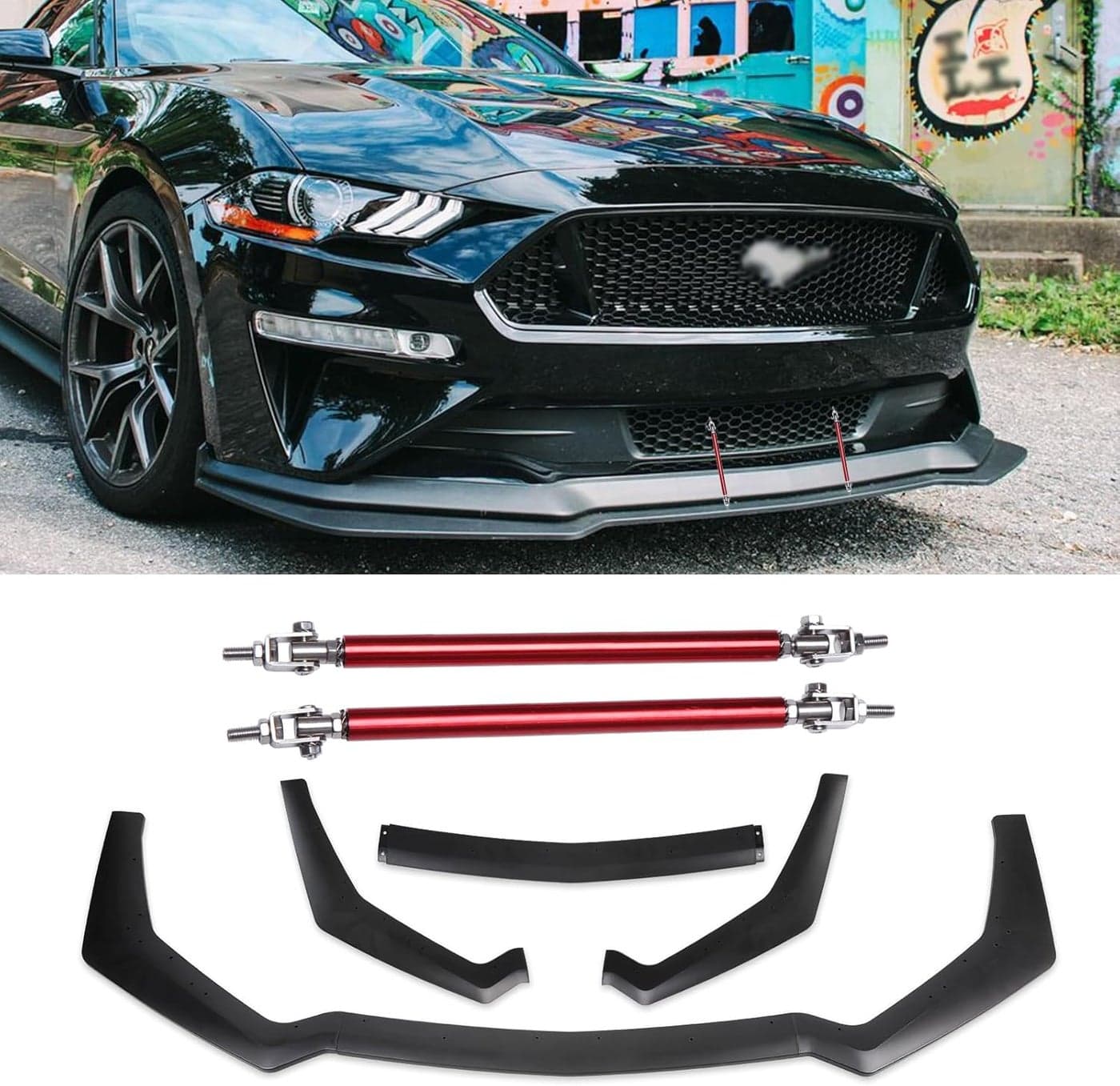 KEEPDSGN 3PCS Matte Black Front Bumper Lip Chin Spoiler Splitter Diffuser Protector Body Kit with Adjustable Red Support Rods for 2018-2022 Ford Mustang