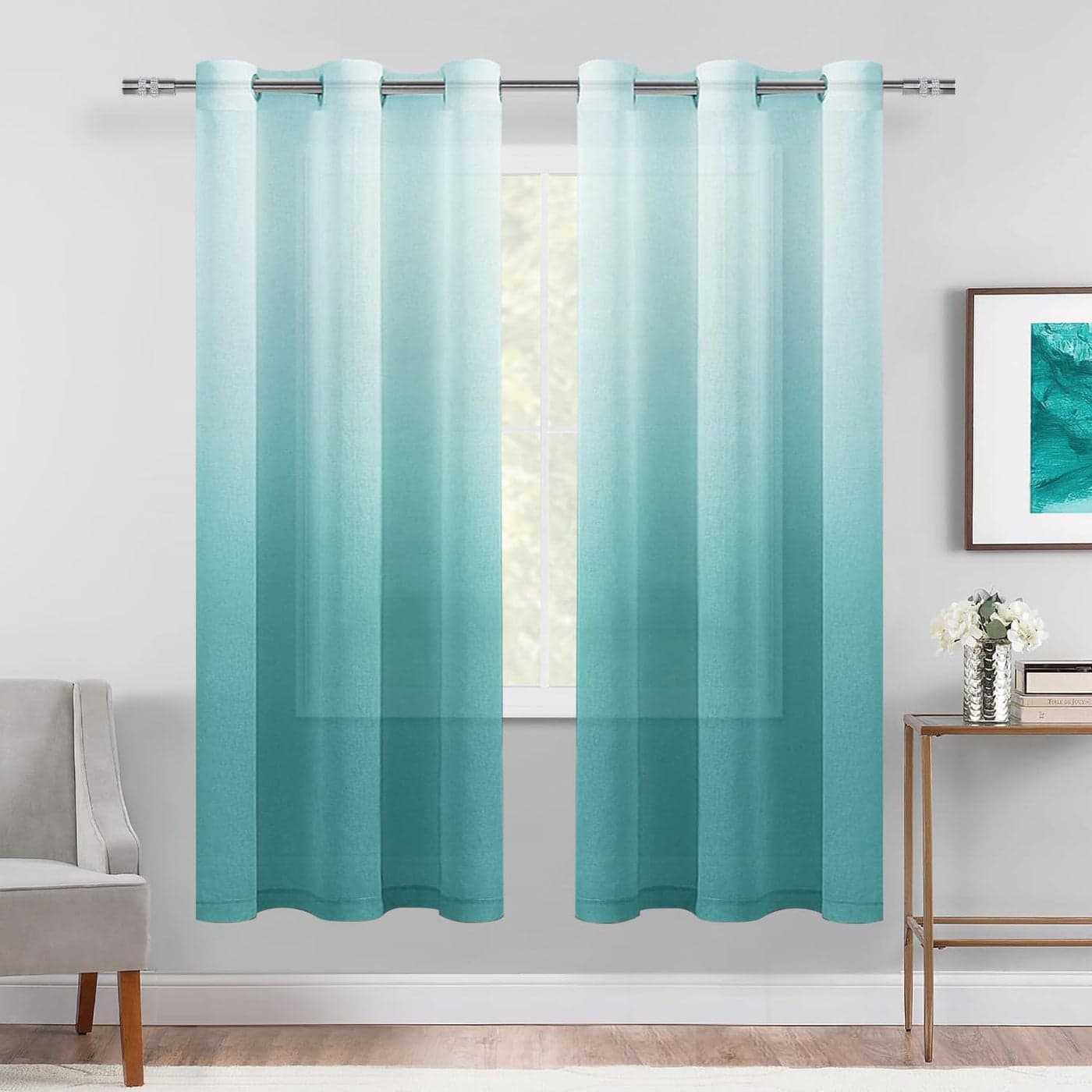 DWCN Faux Linen Ombre Sheer Curtains Gradient Semi Voile Drapes Bedroom and Living Room Curtains Set of 2 Grommet Top Window Curtain Panels 42 x 63 Inch Length Teal