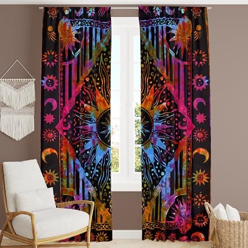 Bless International Beautiful Indian Bohemian Psychedelic Hippie Burning Sun Window Curtain Panels for Bedroom Living Balcony Purple Tie Dye 38x83 Inches96x210 Cms