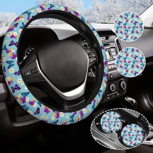 Blue Butterfly Steering Wheel Cover for Women Men with 2 Pcs Car Coasters Universal 14515 Inch Cute Steering Wheel Covers NonSlip Car Accessories for Girls