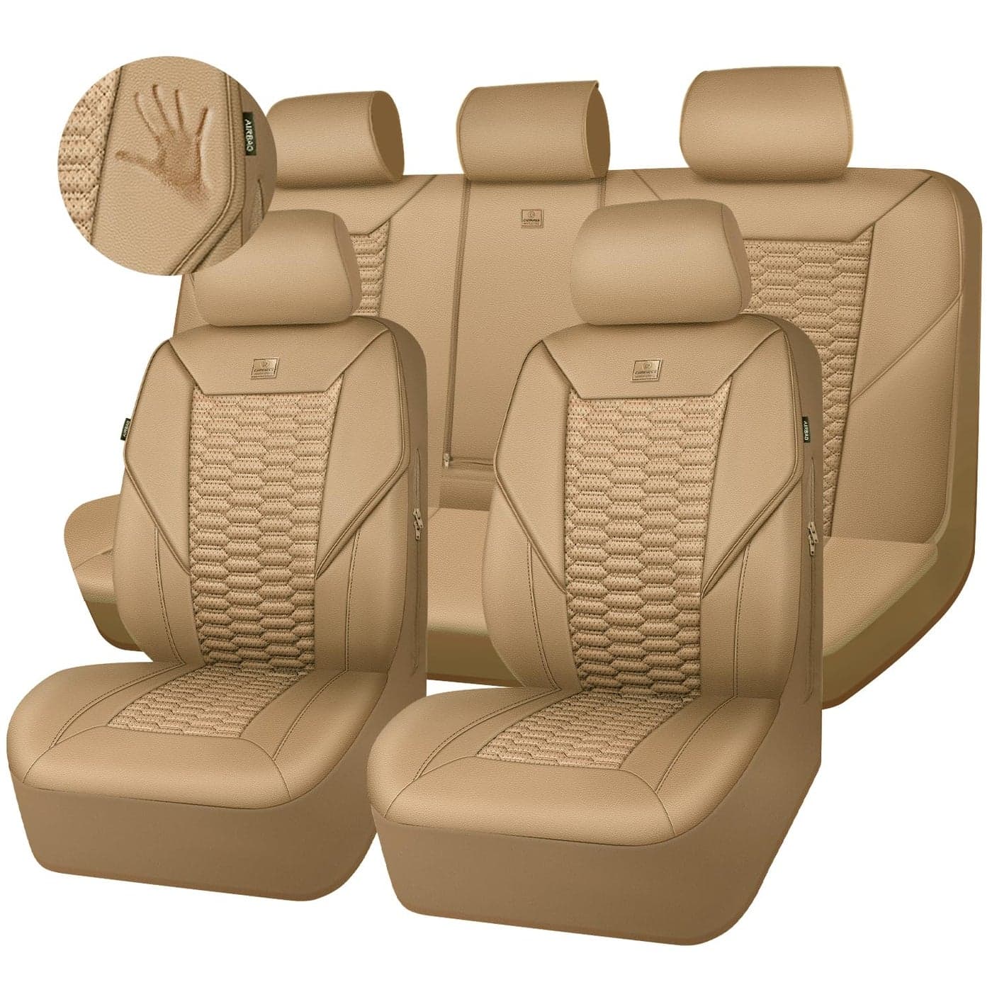 CAR PASS 3D Foam PU Leather Car Seat Covers Full SetTan Breathable Faux Leather Seat Covers for CarAnti Slip Universal Fit for SUVs Vans Sedan Truck AutomotiveArmrest Airbag Compatible All Beige