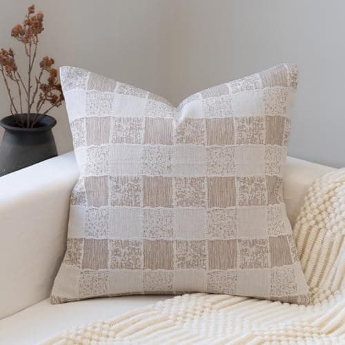 FIOUOVO Decorative Neutral Throw Pillow Covers 20x20 Farmhouse Pillow Covers Cotton Check Cushion Covers Home Decor for Sofa Couch Living Room Bedroom 1PC Taupe Check