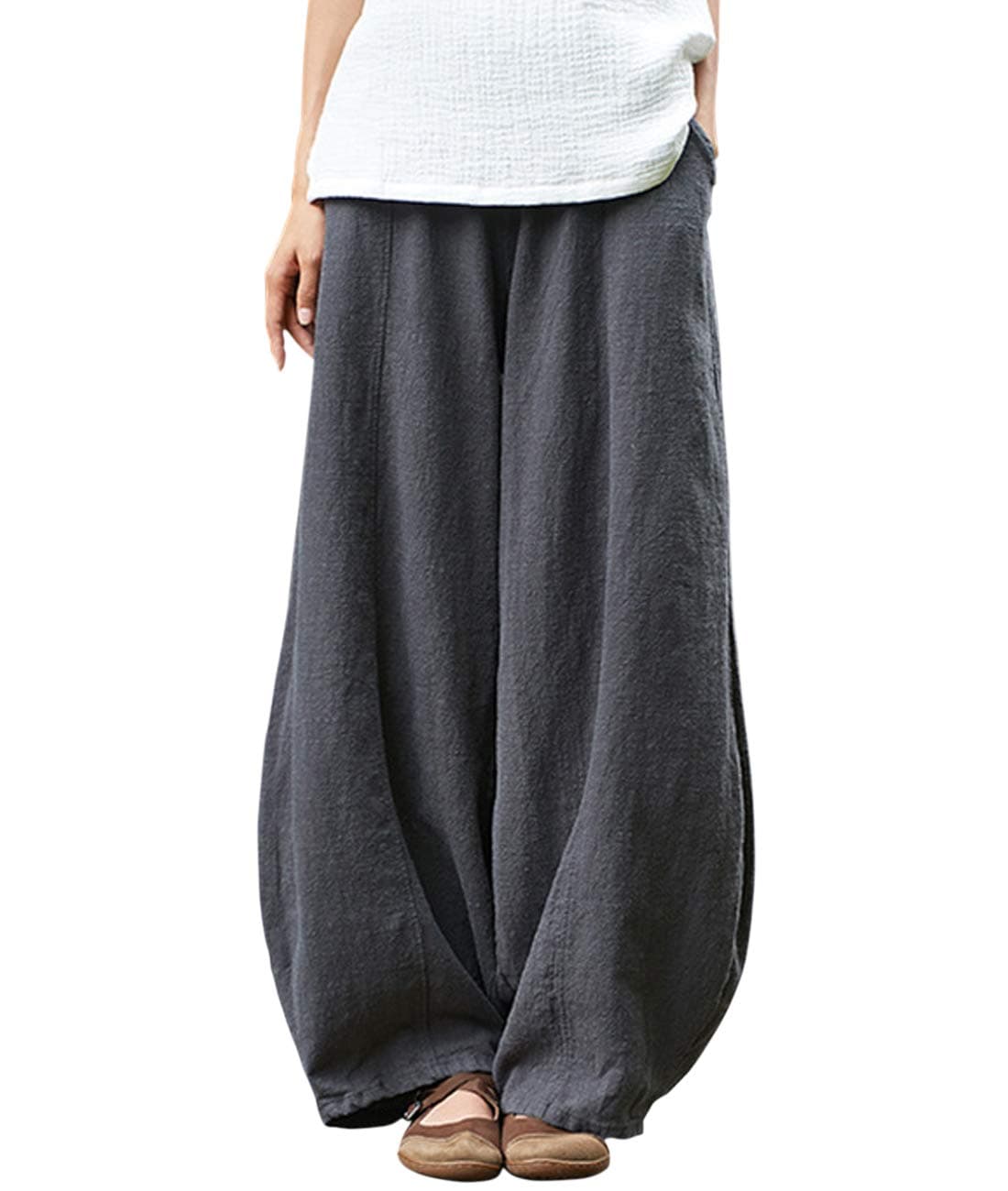IXIMO Women's Casual Cotton Linen Baggy Pants with Elastic Waist Relax Fit Lantern Trousers Gray S