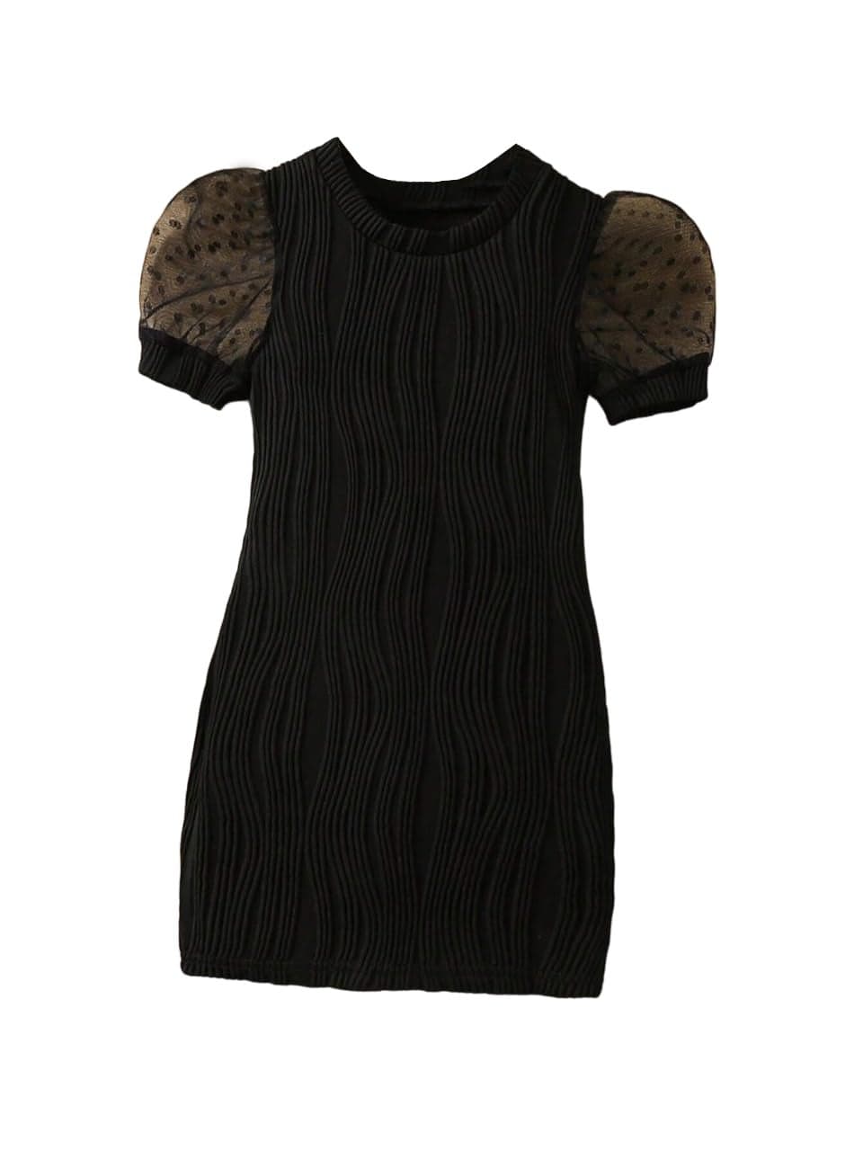 TAGAS Young Girl Contrast Dobby Mesh Puff Sleeve Dress || Girls Dress || Party Dress for Girls ||Fency Dress||(GCD) Black, Standard Length, Casual Dress