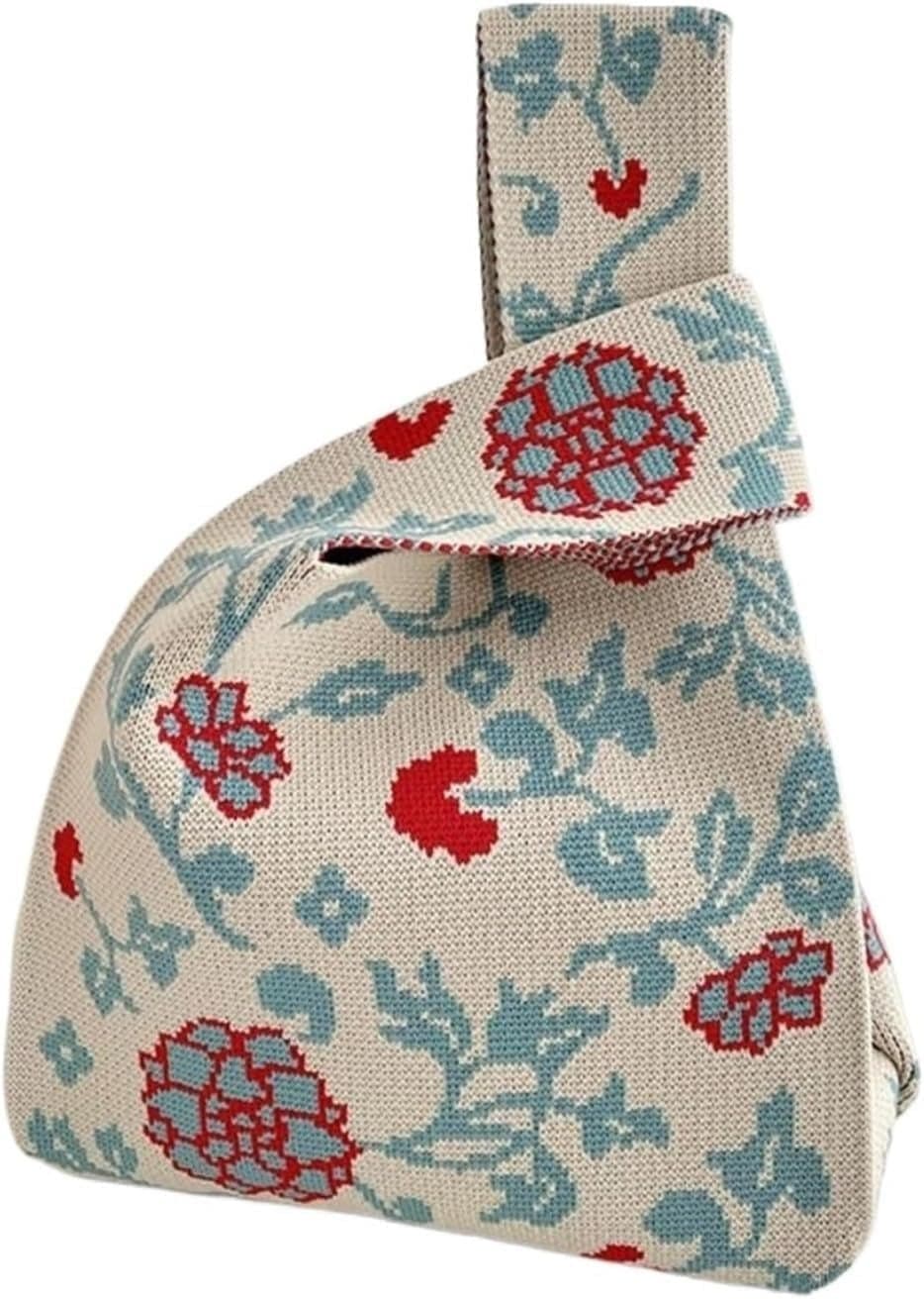 Kawn® Crochet Wrist Handbag for Women Wristlet Handbag Sleeve Knot Pouch Portable knitted breathable lightweight foldable Casual Small Purse Cute Tote Bag For Shopping, Dating, Travel (Beige Blossoms)