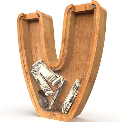 Piggy Bank for Kids Boys Girls Large Personalized Wooden Letter Piggy Bank with CutOut Design Alphabet Letter Coin Banks Money Savings Box Wooden Bank for Kids Creative Gift for RealMoneyV