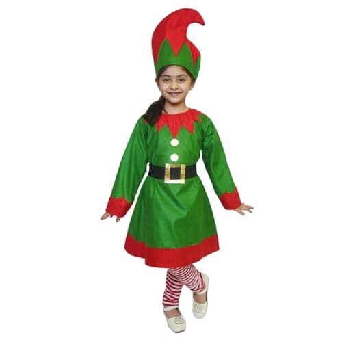Kaku Fancy Dresses Elf Costume for Kids Fancy Dress Outfit for Christmas Events - Red/Green, 7-8 YEARS, Girl