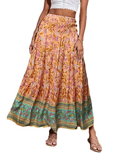 CFLONGE Summer Maxi Skirts for Women 2025 Fashion Boho Long Skirt Trendy Floral High Waist A Line Beach Skirt Vacation Outfit(Pink,Small)