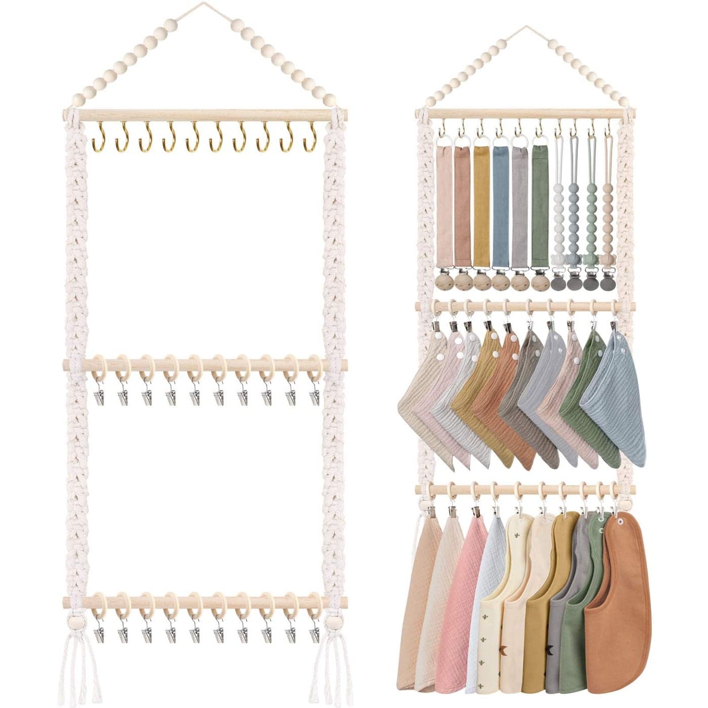POVETIRE Pacifier Clip Holder Baby Bibs Organizer Neutral Baby Bandana Drool Bibs Holder Baby Burp Cloths Organizer Storage Hanging Wall Decor for Nursery Newborn Infant Girls and Boys Room