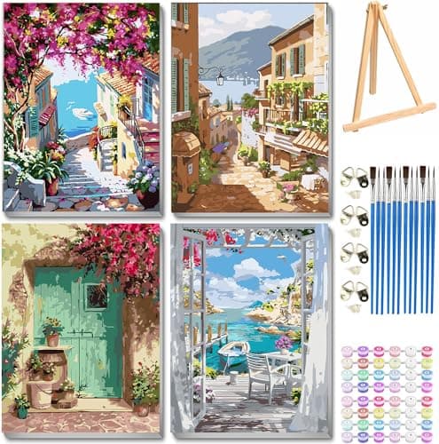 VIGEGU 4 Pack Paint by Numbers kit for Adults Beginner Framed with Wooden EaselSeaside Scenery Door Paint by Numbers with Frame DIY Adults PaintbyNumber Kits for Wall Decor12x16inch