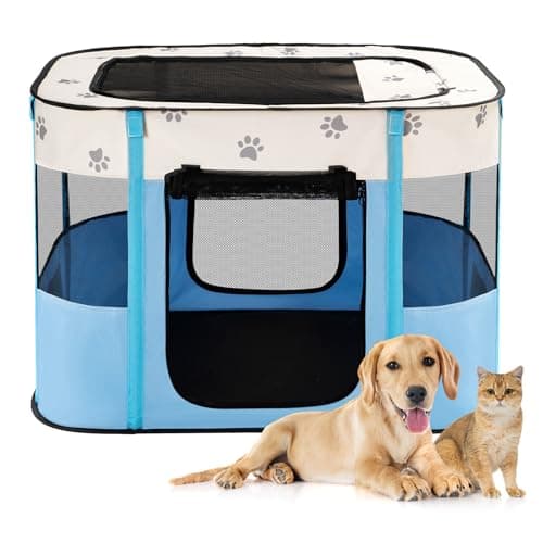 Avont Portable Dog Cat Playpen Foldable Pop Up Pet Play Pen Travel Crate with Floor and Mesh Door Top for Indoor Outdoor Collapsible Tent Cage L Blue