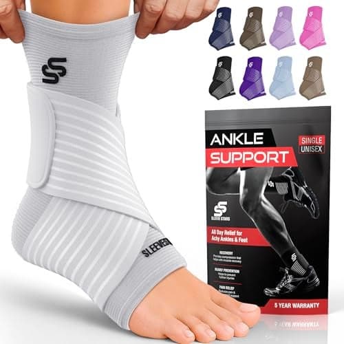 Sleeve Stars Ankle Brace for Women & Men, Ankle Wrap for Sprain, Compression Sleeve for Plantar Fasciitis Relief, Easy Customizable Support: w/ Removable Strap (Single/M:10"-12"/White)