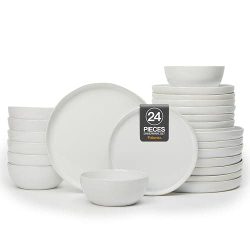 FOBENT Minimalist Dinnerware Set,24 Piece Fog White Plates and Bowls Set for 8 – Sculpted Ceramic Dish Sets for Gatherings with Grace