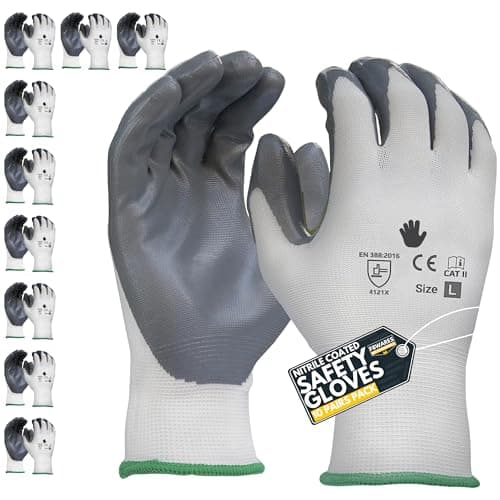 F8WARES 10 Pairs Nitrile Coated Safety Gloves for Men Industrial Hand Gloves for All Purpose Working & Gardening - Gloves for Gardening Work - Cut Resistant