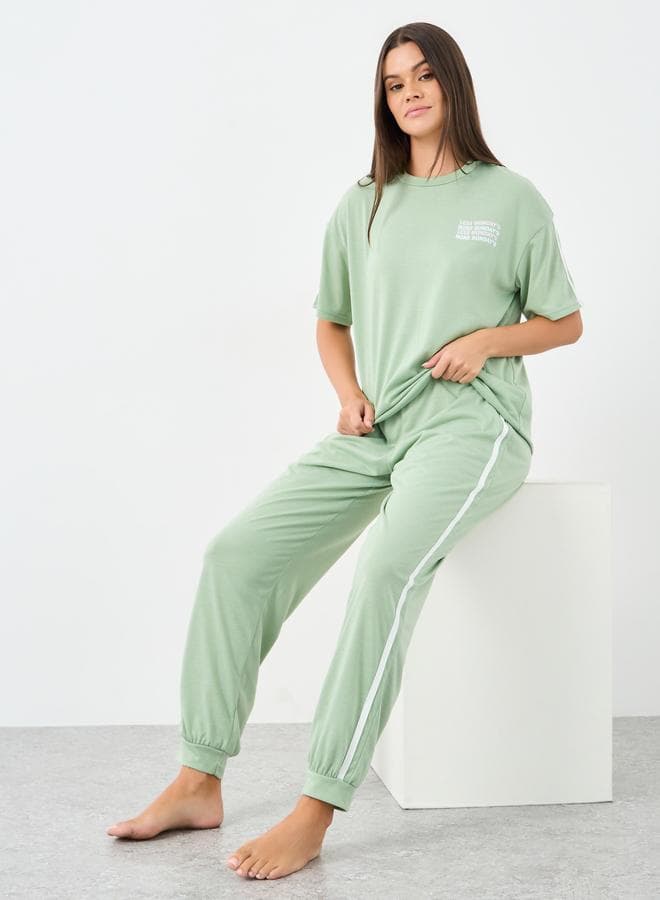 Styli Slogan Drop Shoulder Stripe Sleeve T-Shirt and Joggers Set