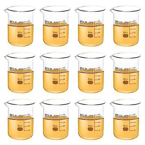 ULAB Scientific Glass Beakers Shot Glass, Vol. 50ml, 3.3 Borosilicate Griffin Low Form with Printed Graduation, Pack of 12, UBG1013