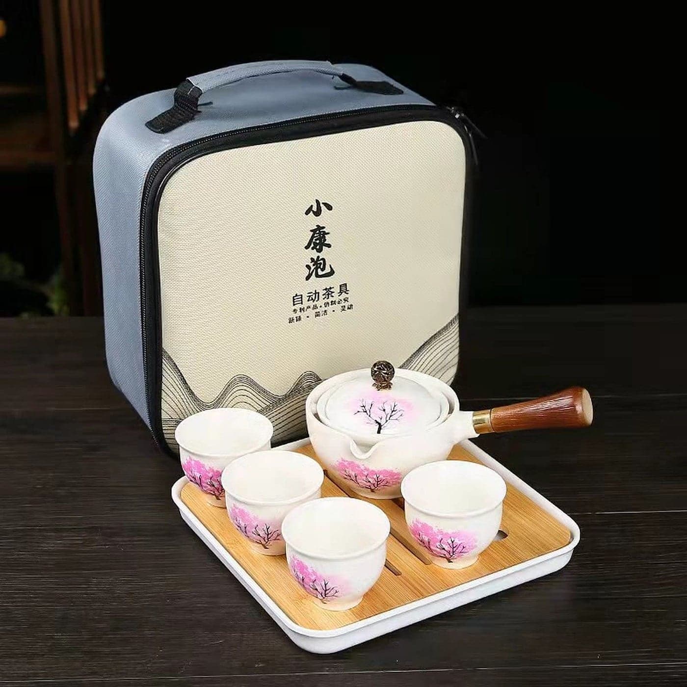 Scizorito Ceramic Portable Travel Tea Set Chinese Kungfu Tea Set with 360 Rotation Teapot and Infuser 4 Tea Cups Tea Tray And Travel Bag Cherry Blossoms