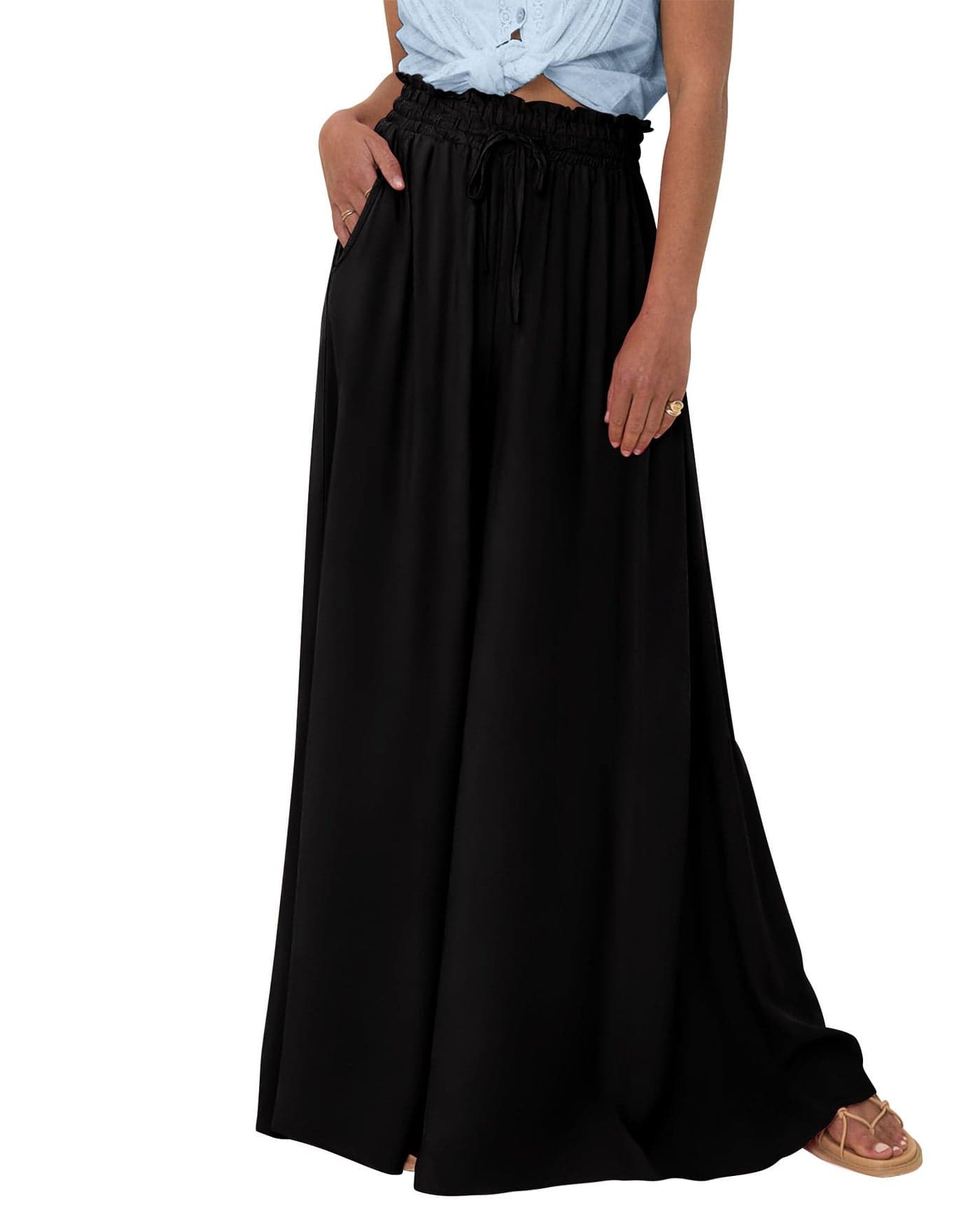 BTFBM Women Casual High Waist Wide Leg Pants 2025 Summer Fall Long Palazzo Pants Pocket Lounge Vacation Beach Trousers(Solid Black, XX-Large)