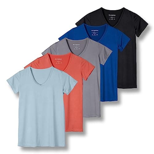 Real Essentials 5 Pack: Women's Dry Fit Short Sleeve V Neck Workout Top - Fitness Pilates Gym Athletic Yoga T-Shirt (Plus Available), Set 10, XL