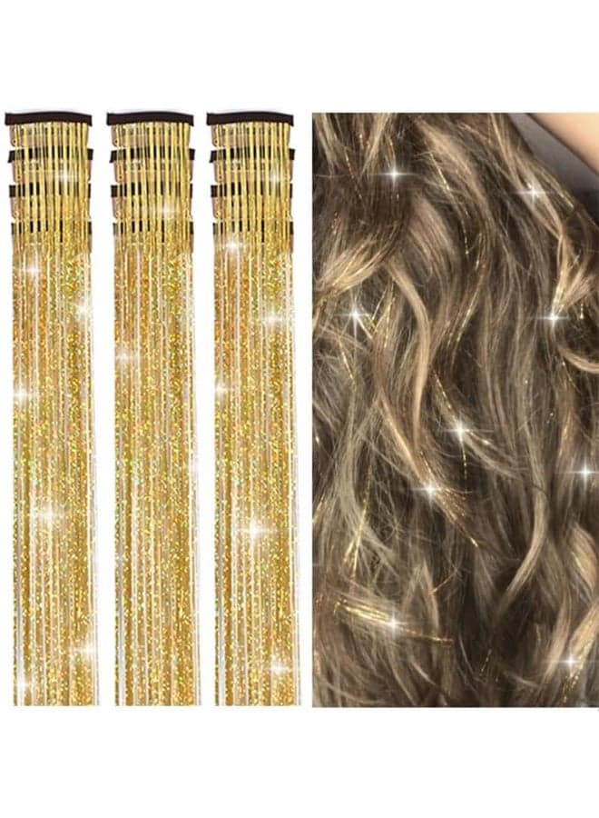 Hair Tinsel Pack of 12 Pcs Hair Tinsel Clip Kit in 22 Inch Glitter hair Extensions Clip Party Festival Fairy Accessories for Girls Women Kids (Golden)
