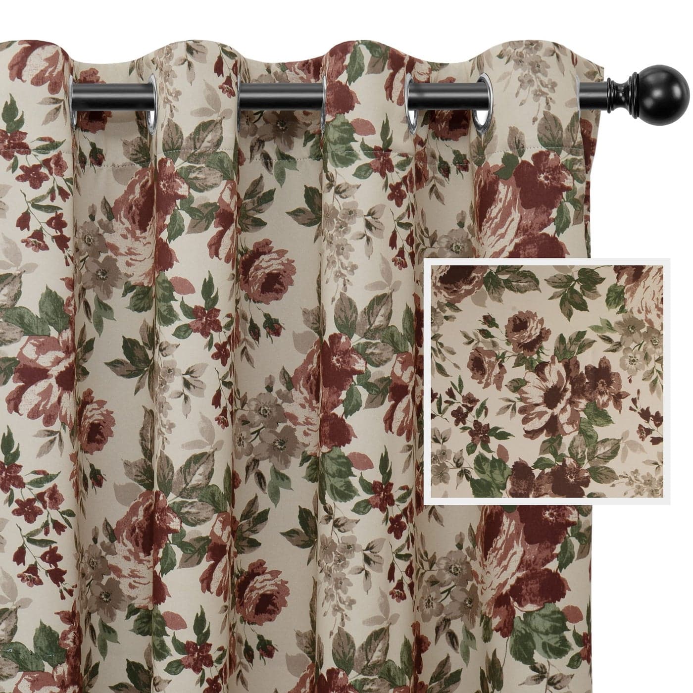 EasyGoing Floral Printed Blackout Curtain 63 Inch Length Grommet Thermal Insulated Room Darkening Window Curtain for Bedroom Living Room Kids Room Set of 2 Panels Beige