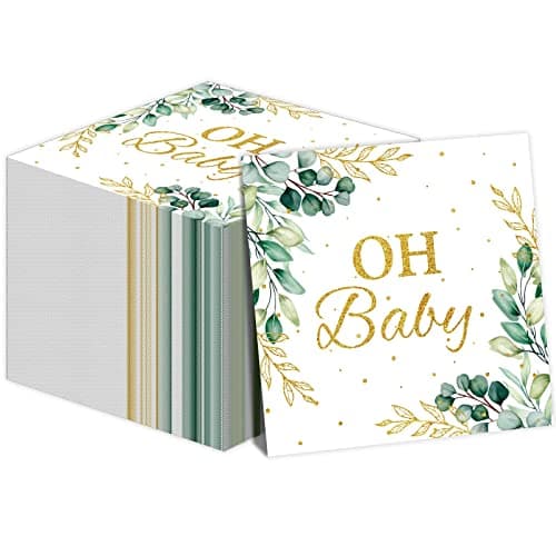 Eucalyptus Leaf Oh Baby Napkins Greenery Baby Shower Party Supplies Sage Green Luncheon Napkins Disposable Paper Napkins for Baby Shower Boys Girls Kids Table Decorations 50 Pack