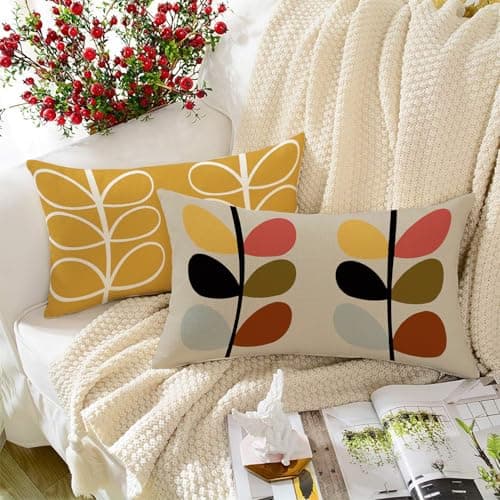 STITCHNEST Set of 2 Polycotton Cushion Covers – 12x18 Inches – Modern Retro Floral & Leaf Print in Mustard, Black & Red – Bold Decorative Cushion Covers for Sofa & Living Room | Perfect for Home Decor
